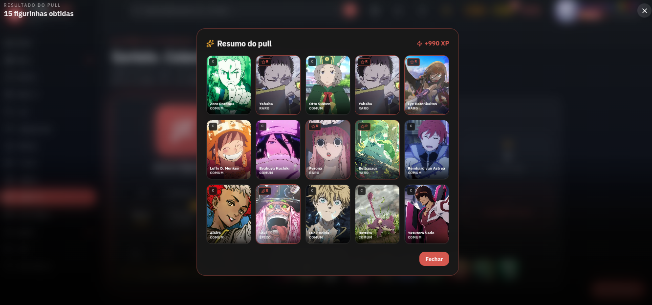 Resultado de um pull com 15 figurinhas de diferentes personagens e raridades no Anime Profile.