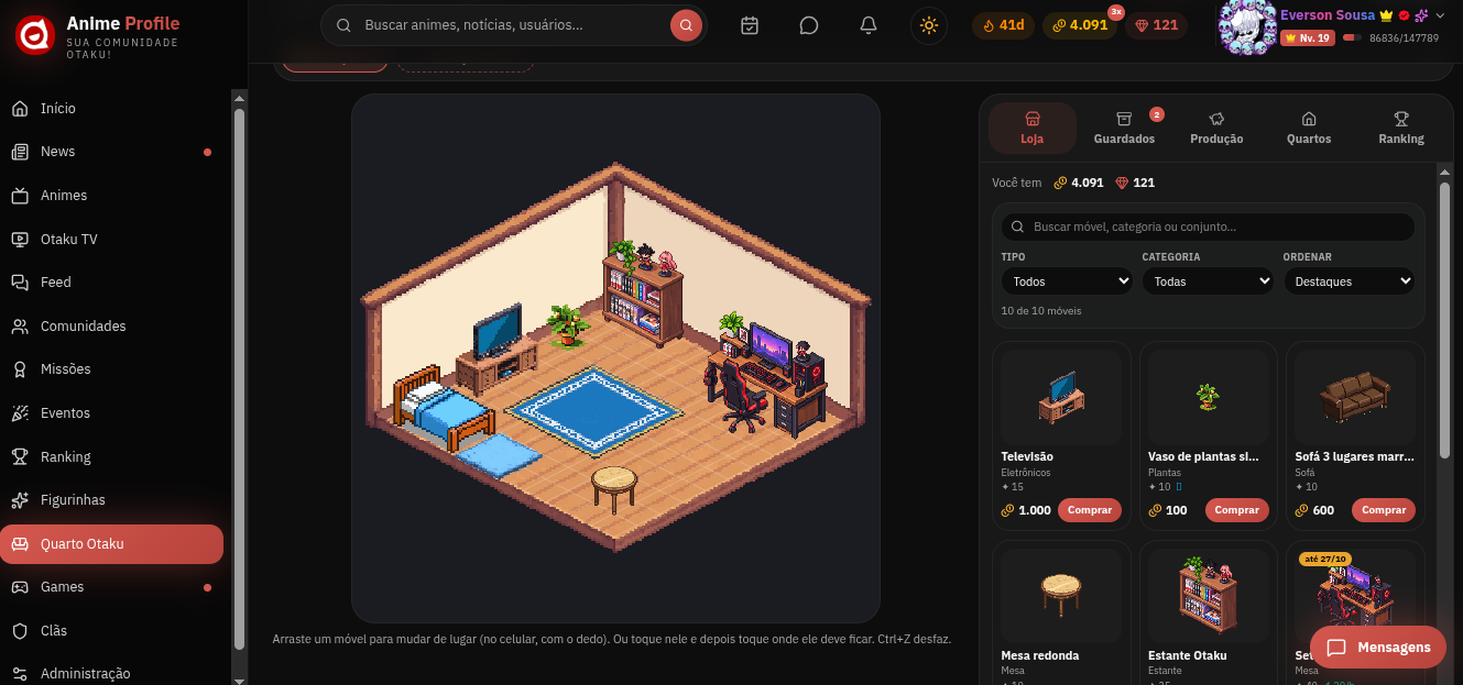 Quarto otaku virtual com cama, estante, plantas e espaço gamer no Anime Profile.