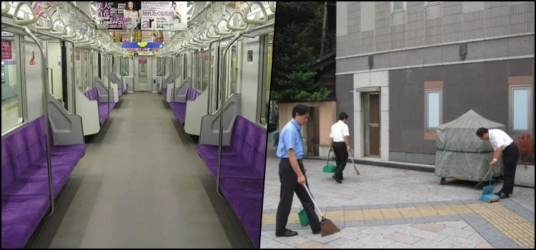 Rua japonesa limpa com moradores seguindo regras de organização