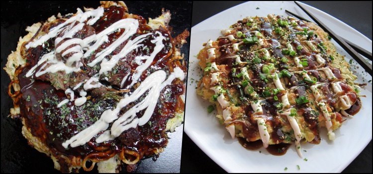 Okonomiyaki na chapa com molho e katsuobushi