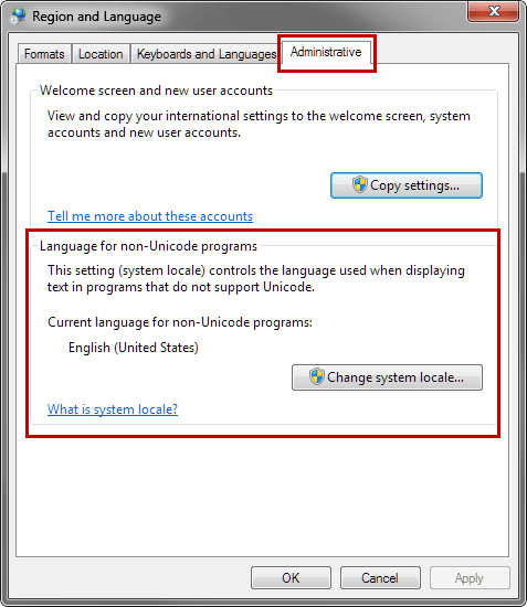หน้าต่างภาษาและภูมิภาคของ Windows สำหรับเปลี่ยน system locale หน้าต่างภาษาและภูมิภาคของ Windows สำหรับเปลี่ยน system locale