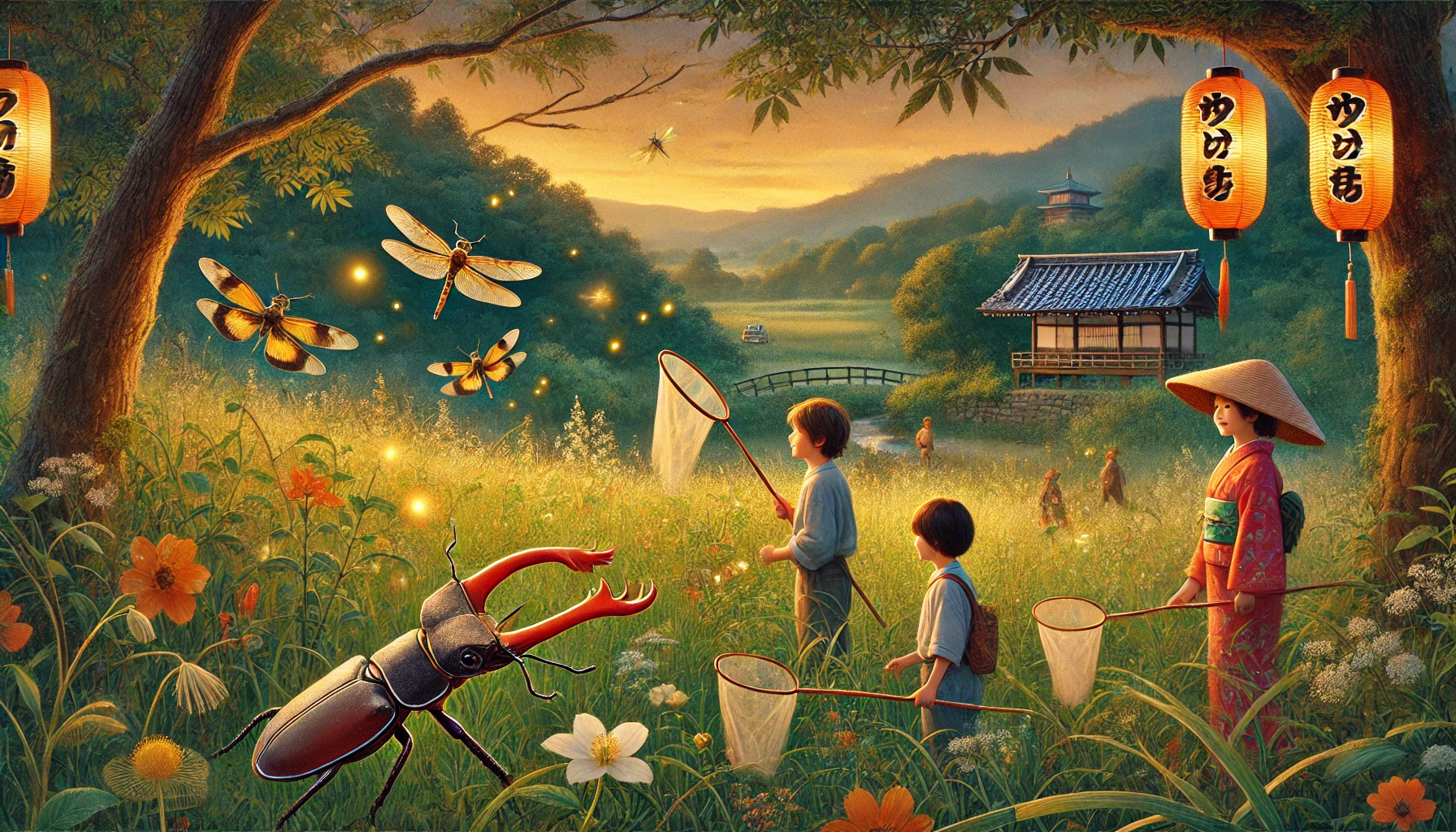 Quelques-uns des insectes emblématiques du Japon Vue d'ensemble d'une vitrine montrant plusieurs espèces d'insectes japonais emblématiques — cigales, scarabées et libellules