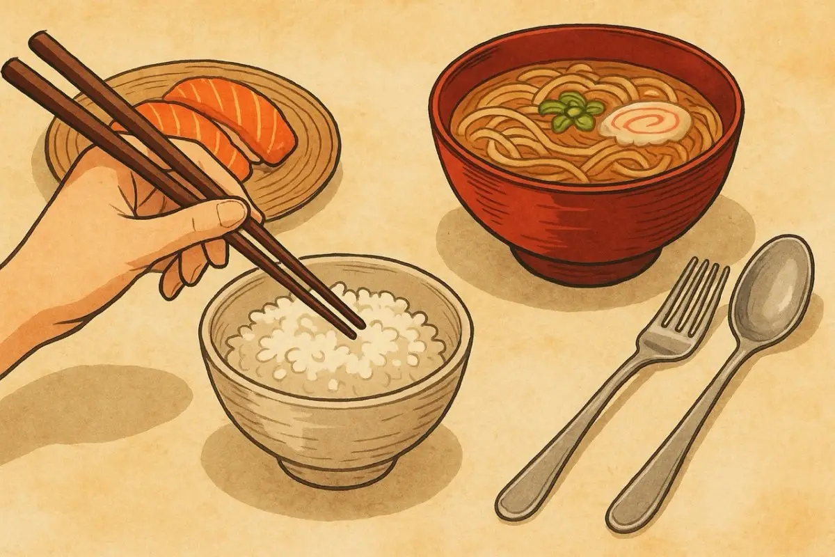 Hashi e talheres lado a lado na mesa