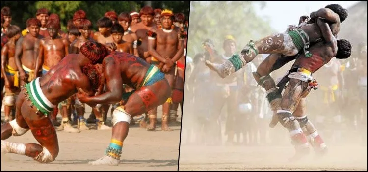Huka-huka em contexto indígena Lutadores indígenas praticando huka-huka em ritual tradicional