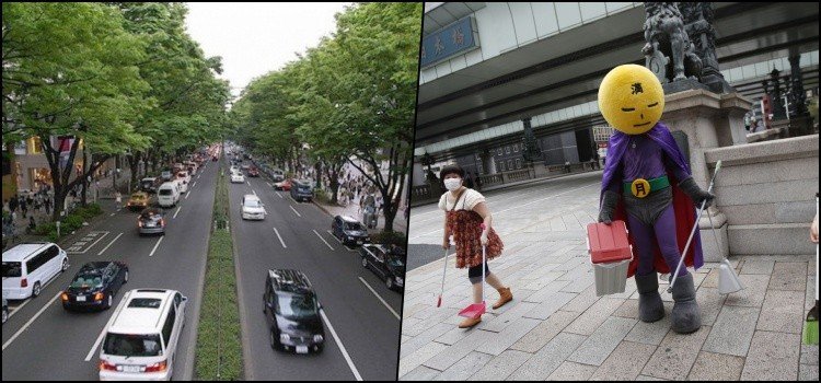 공공 장소를 쓰는 일본의 거리 풍경 가로수가 늘어선 도쿄 거리와 빗자루를 든 캐릭터가 역 앞을 쓰는 모습