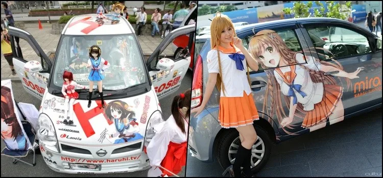 Carro Itasha decorado com adesivos de anime nas ruas do Japão Carro Itasha com decoração de anime — adesivos de personagens, pintura personalizada e estilo otaku nas ruas do Japão