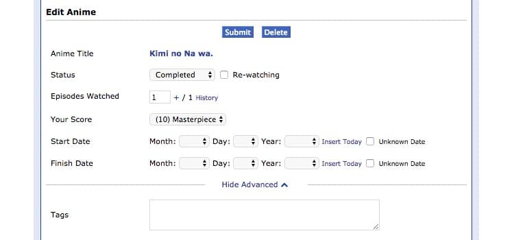 MAL Add to List 창 작품 페이지에서 Add to List를 눌렀을 때 나오는 Status와 점수 창