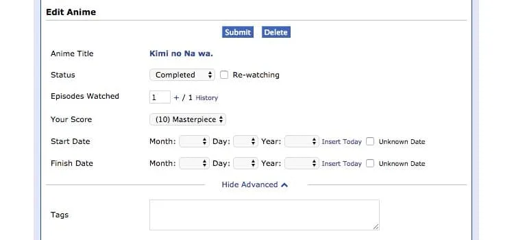 MyAnimeList – opções de lista e status Status da lista no MyAnimeList