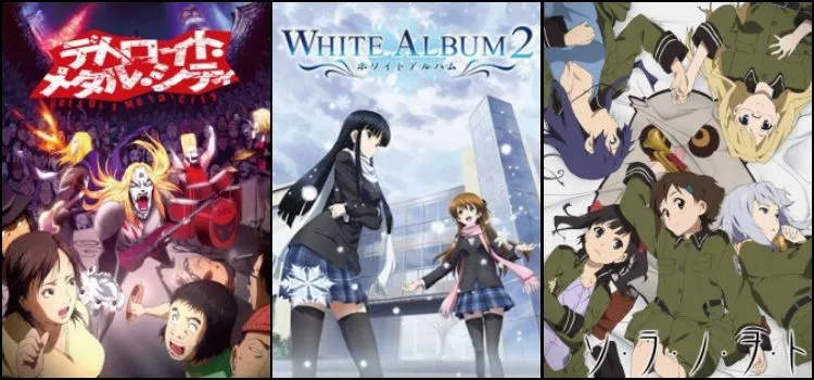 โปสเตอร์อนิเมะสามเรื่องเรียงต่อกัน: Detroit Metal City บนเวที, White Album 2 ในหิมะ, Sound of the Sky กับสาวๆ ห้าคนในชุดเขียว
