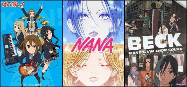โปสเตอร์อนิเมะวงดนตรีสามเรื่องเรียงต่อกัน: K-On!, Nana และ Beck Mongolian Chop Squad