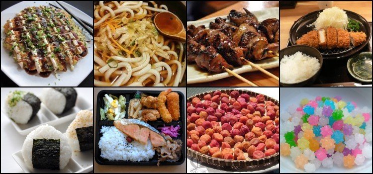Comidas japonesas como okonomiyaki, udon, yakitori e bentô Montagem com pratos da culinária japonesa, incluindo okonomiyaki, udon, yakitori, onigiri e bentô