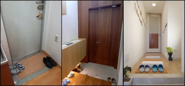 Genkan – il tipico ingresso di una casa giapponese Genkan in una casa giapponese con scarpiera e pavimento in legno rialzato