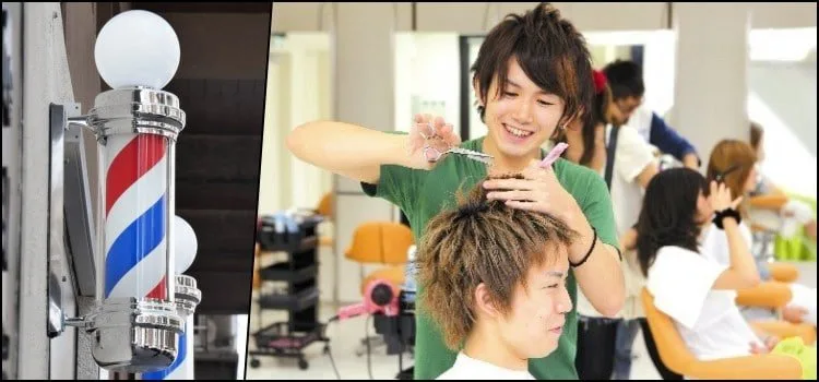 Cabeleireiro no Japão cortando cabelo Cabeleireiro japonês cortando o cabelo de um cliente em salão