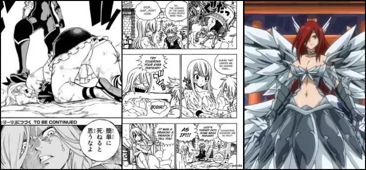 Colagem de Fairy Tail com Erza Scarlet em armadura e páginas do mangá de Lucy Heartfilia