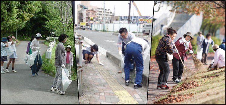 학부모와 지역 주민이 학교 주변을 쓰는 모습 어른과 아이가 길가와 비탈의 낙엽을 쓰는 지역 청소