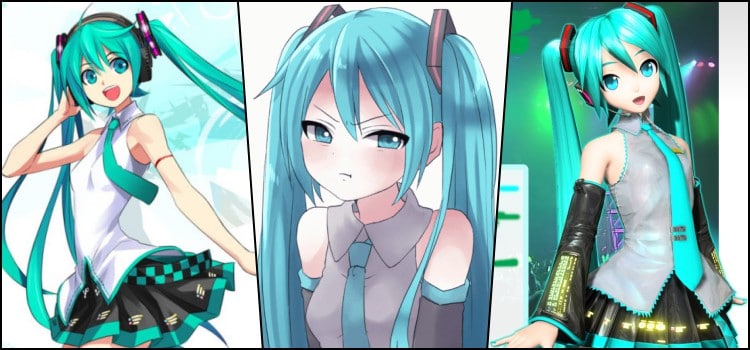 Hatsune Miku illustrations and 3D model Three Hatsune Miku looks: a cheerful illustration, a close-up portrait, and a 3D concert model with turquoise twintails