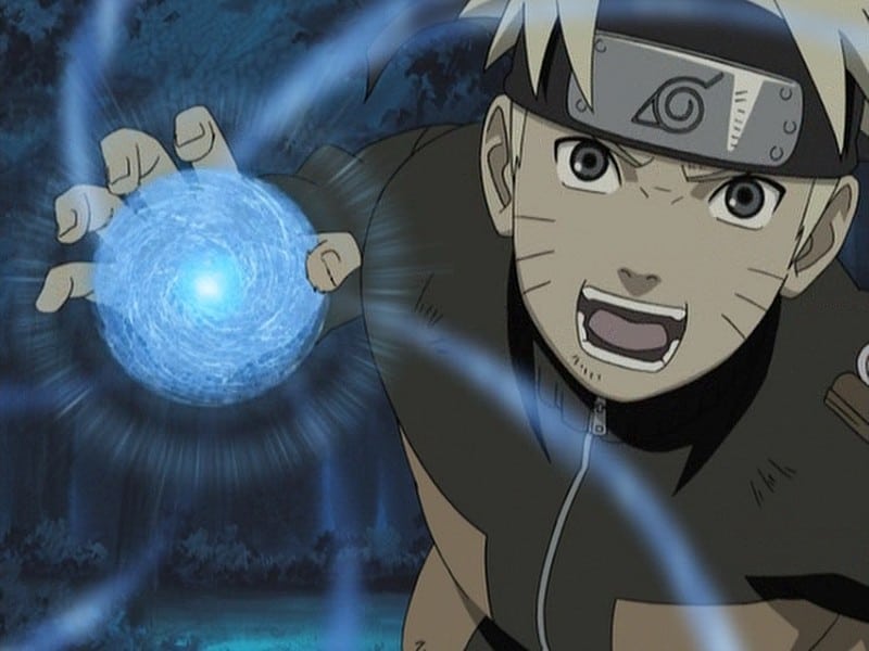 Naruto Uzumaki concentrando o Rasengan na palma da mão