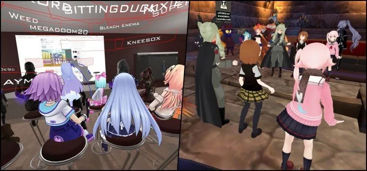 Interface em primeira pessoa do VRChat com avatares e mundos personalizados