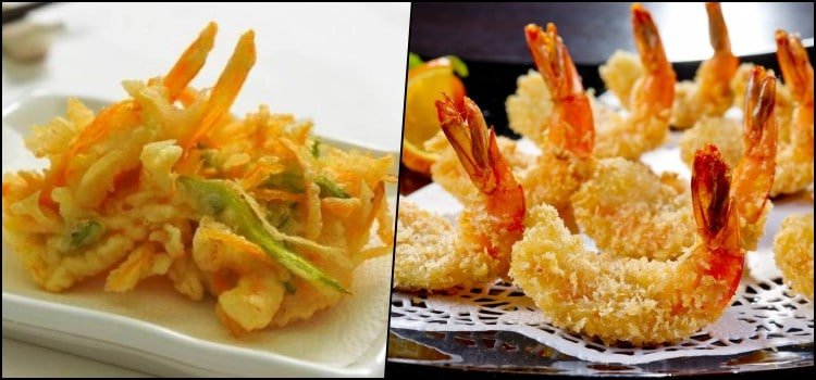 Tempura de camarão e legumes