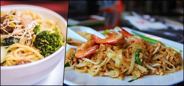 Noodles saltati in due versioni da ristorante Due piatti di noodles saltati: a sinistra spaghetti con broccoli e germogli, a destra noodles larghi con gamberi