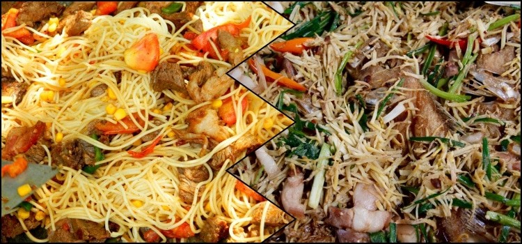 Yakisoba e varianti di noodles saltati in teglia Due teglie di noodles saltati: a sinistra con mais, peperoni e carne, a destra con germogli, cipollotto e maiale