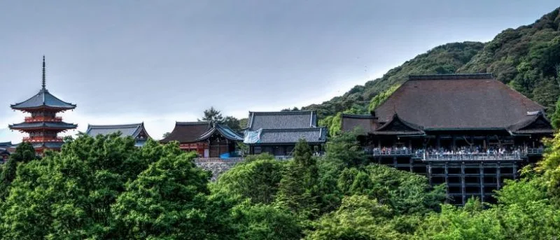 Vista de templos tradicionais em Kyoto cercados por árvores verdes