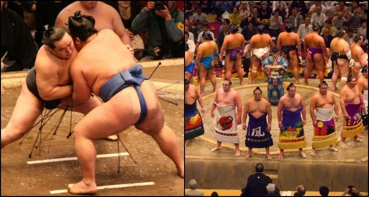 นักมวยซูโม่สองคนกำลังประลองในสังเวียนโดเกียว