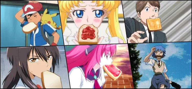 Personagens de anime correndo com um pão na boca Personagens de anime correndo com um pão na boca