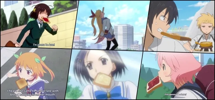 Personagens de anime correndo com um pão na boca Personagens de anime correndo com um pão na boca