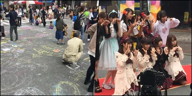 Bunkasai - Festivais Culturais Escolares do Japão Cosplayers no evento da Cultura e pessoas desenhando no chão