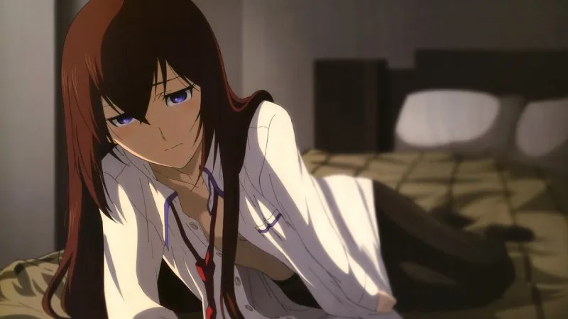 Steins;Gate — 실험실의 노트북 앞에 앉은 Okabe와 Makise Kurisu