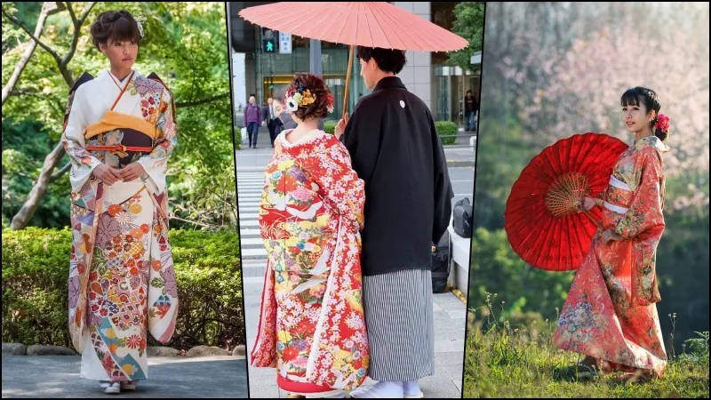 Japanese brides wearing formal wedding kimono