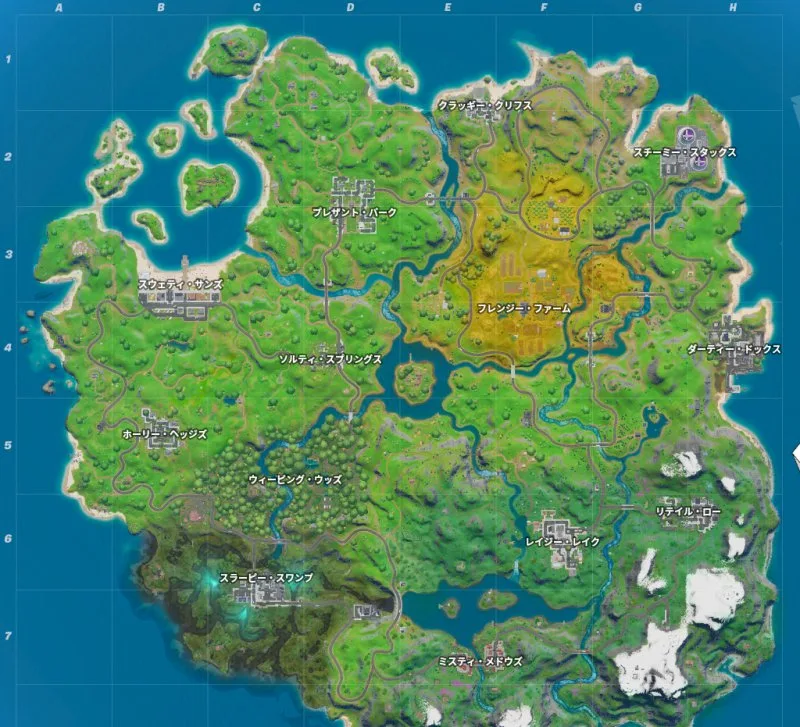 Mapa de Fortnite con etiquetas y ubicaciones en japonés