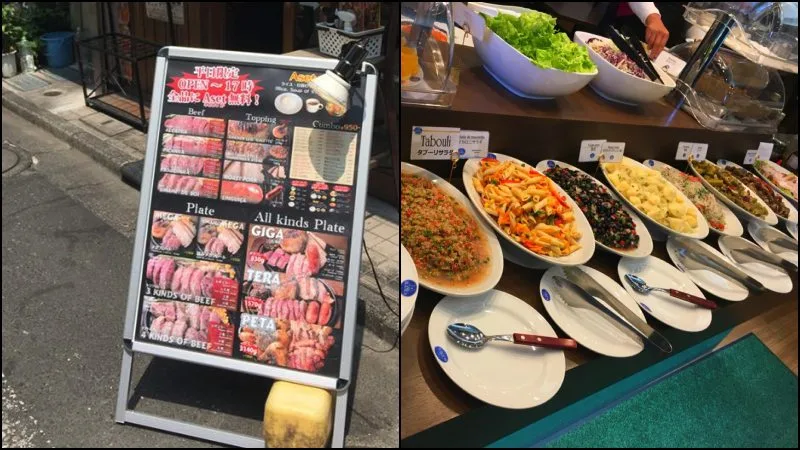 Cardápio e pratos em um restaurante brasileiro no Japão