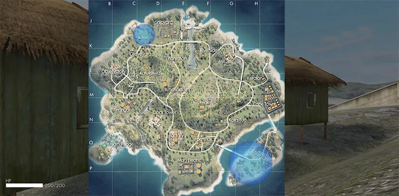 Alternativas seguras para itens no Free Fire Mapa de Free Fire usado para ilustrar alternativas seguras para conseguir recompensas no jogo