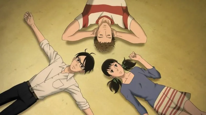 Sentarou, Kaoru สวมแว่น และ Ritsuka ผมเปียนั่งล้อมวงบนพื้น ฉากจาก Kids on the Slope