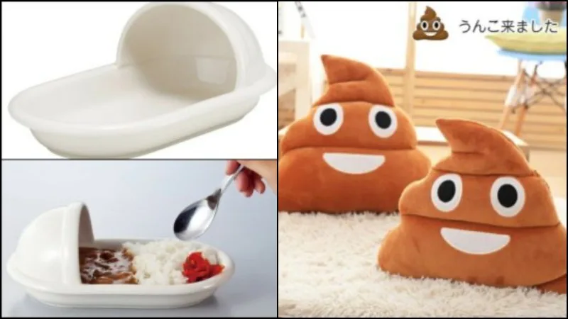 Bunter Kacke-Emoji-Plüsch liegt neben einer pinken Toilettenschüssel, die mit Curry und Reis gefüllt ist