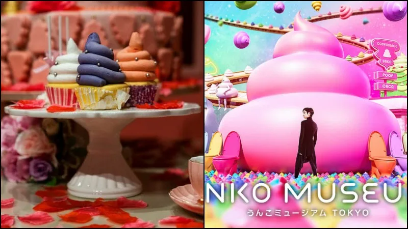 Bunte Installation im Unko-Museum in Odaiba mit überdimensionierten Toiletten und Kacke-Figuren als Fotomotiv