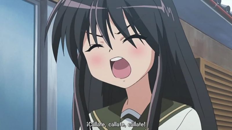 Anime-Schülerin in Schuluniform schreit, mit der dreifach wiederholten Unterschrift Cállate