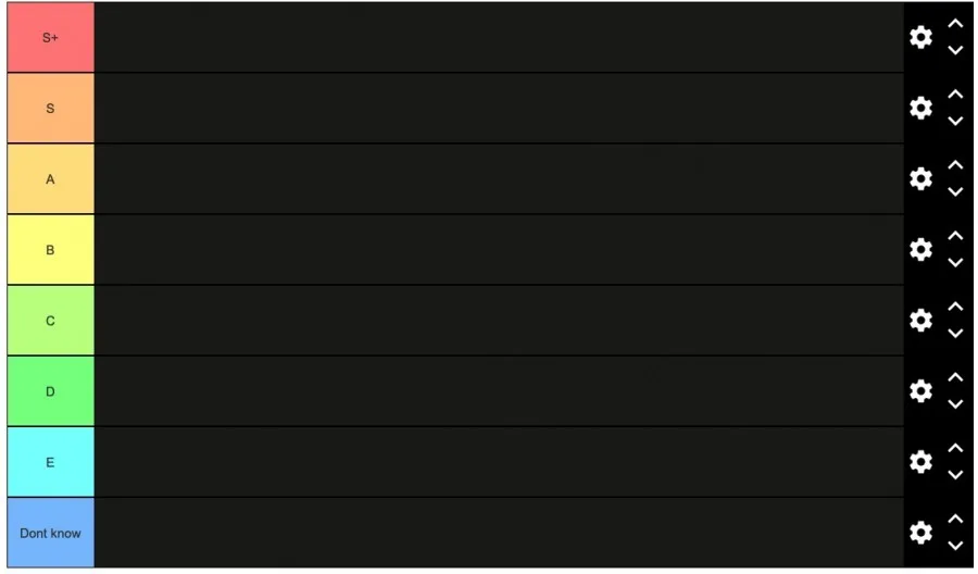 Modello di tier list vuota con le fasce da S in alto a D in basso, pronto da compilare