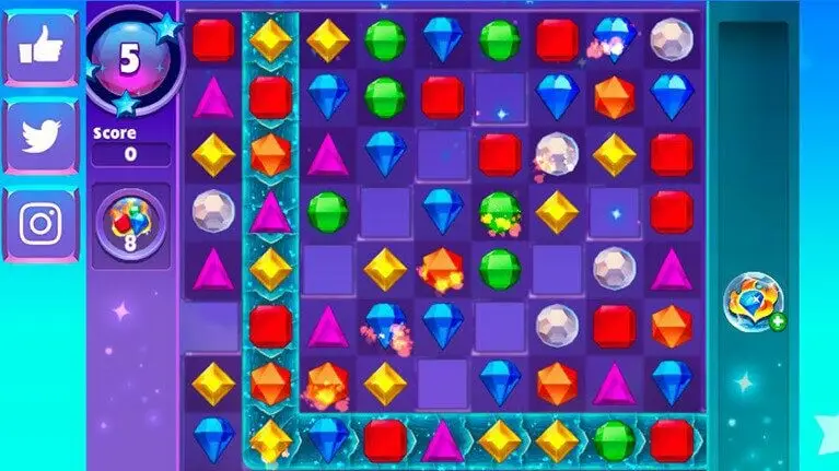 Bejeweled e os jogos match-3 Tela colorida de Bejeweled com pedras alinhadas em um jogo match-3