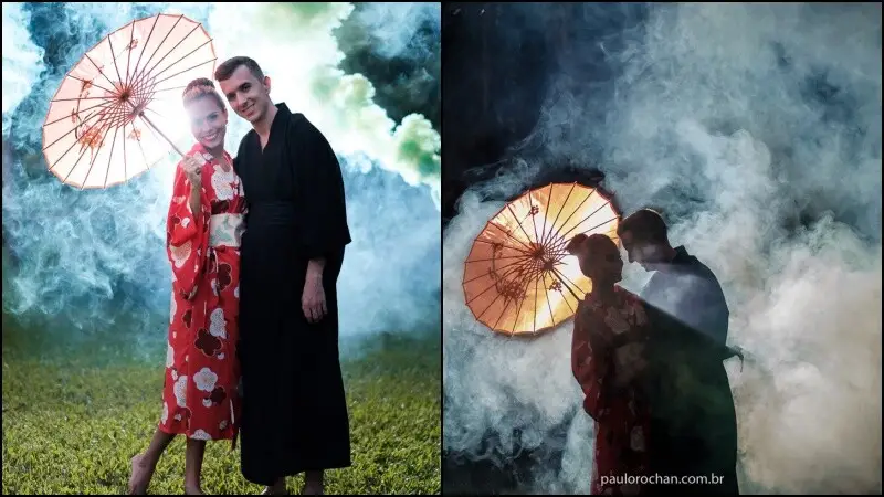 Yukata feminino floral para ensaio japonês Noiva usando yukata floral em ensaio com inspiração japonesa