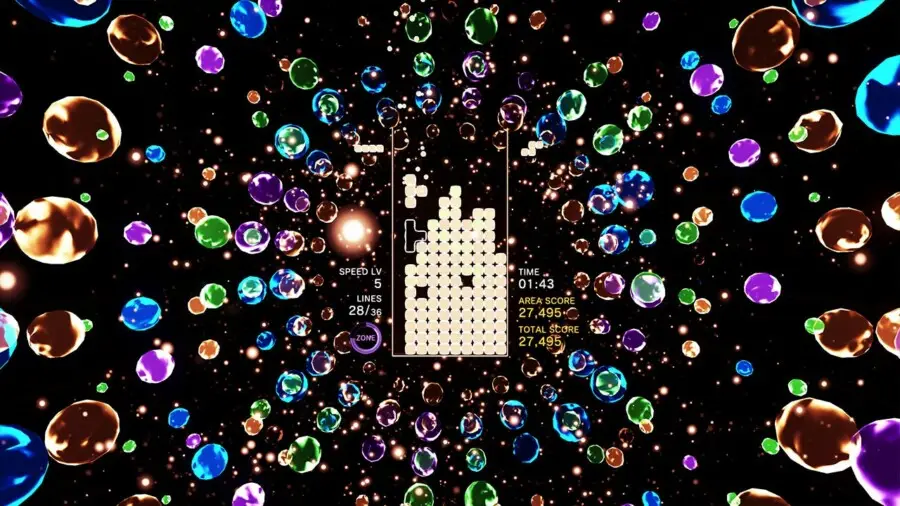 Tetris Effect e seu visual imersivo Imagem de Tetris Effect com blocos luminosos e visual musical