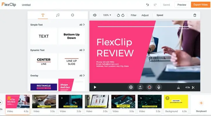 Interface do FlexClip com modelos e ferramentas de edição de vídeo online
