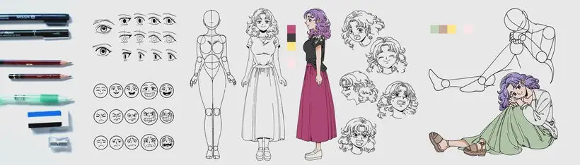 Estudo de personagem em estilo mangá com ficha técnica visual