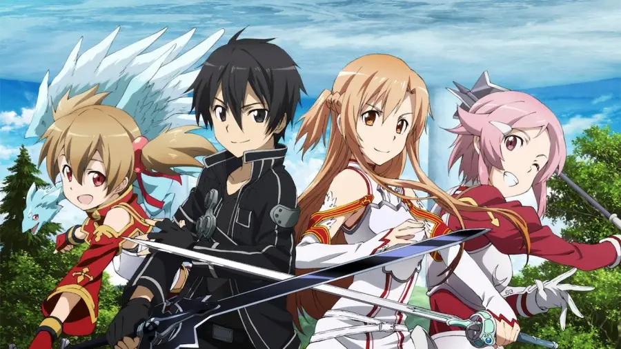 Personagem de Sword Art Online com headset VR e espada em mundo virtual