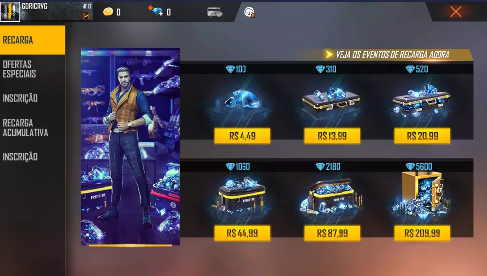 디마스 충전 가격 Free Fire의 디마스 충전 패키지 가격표 화면
