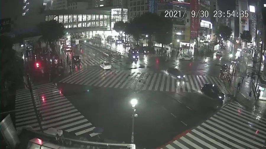 Collage of different Tokyo webcams showing Shibuya crossings, train lines and skyscrapers