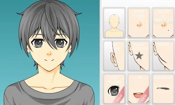 ภาพหน้าจอของเว็บไซต์ Pocket Anime Maker พร้อมเครื่องมือสร้างตัวละครอนิเมะ