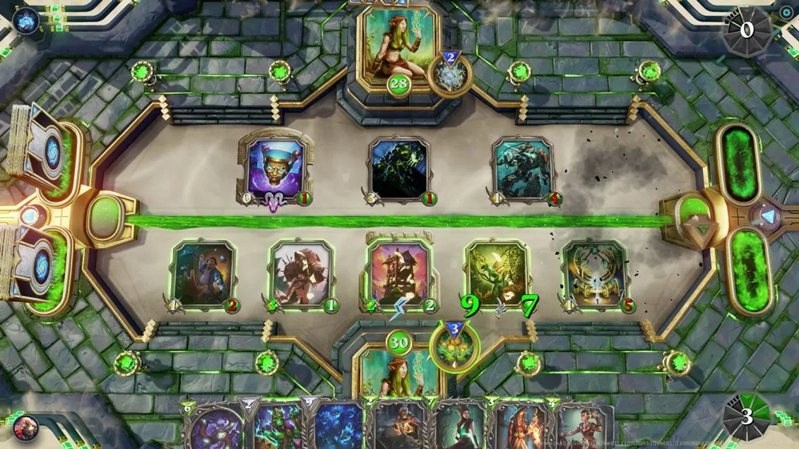 Arte de Gods Unchained com personagens fantásticos e cartas colecionáveis